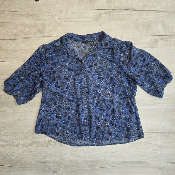 GNW Womens Blue Floral Sheer Blouse Sz 2X Button Up Plus 3/4 Sleeve Summer Top - Picture 3 of 4